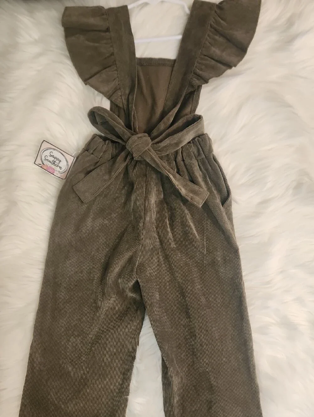 Corduroy Ruffle Strap Jumpsuit -  Olive Green - Girls Size: 5-6